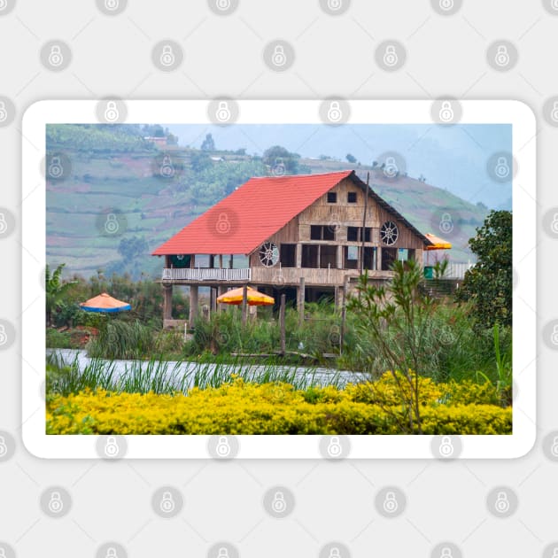 Wooden Building on Lake Bunyonyi, Uganda Sticker by SafariByMarisa